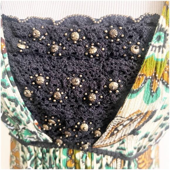 Forbidden Safari Print Dress Midi Size Medium Studded Neckline Tan Black Hippie - Picture 12 of 13